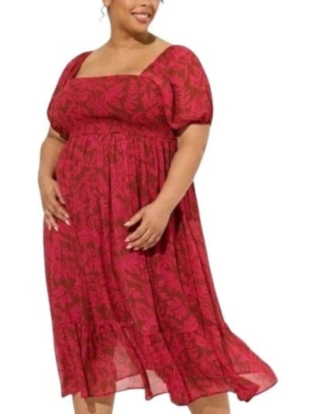 Torrid Smocked Bodice A-Line Midi Dress Ruffled Hem Size 3 20 22 24 Pink Brown